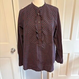 J Crew Womens 10 Blue Red Windowpane Popover Blouse Top Long Sleeve Band Collar